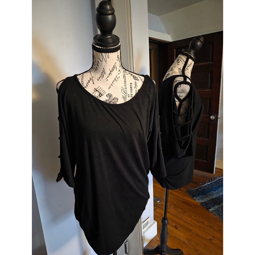 Miselina Black Cold Shoulder Cage Sleeve Blouse Top Large Made in Italy